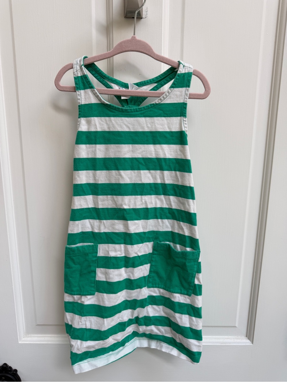 Hanna Andersson Girls 110 4T Green White Stripe Sleeveless Tank Top Dress Pocket